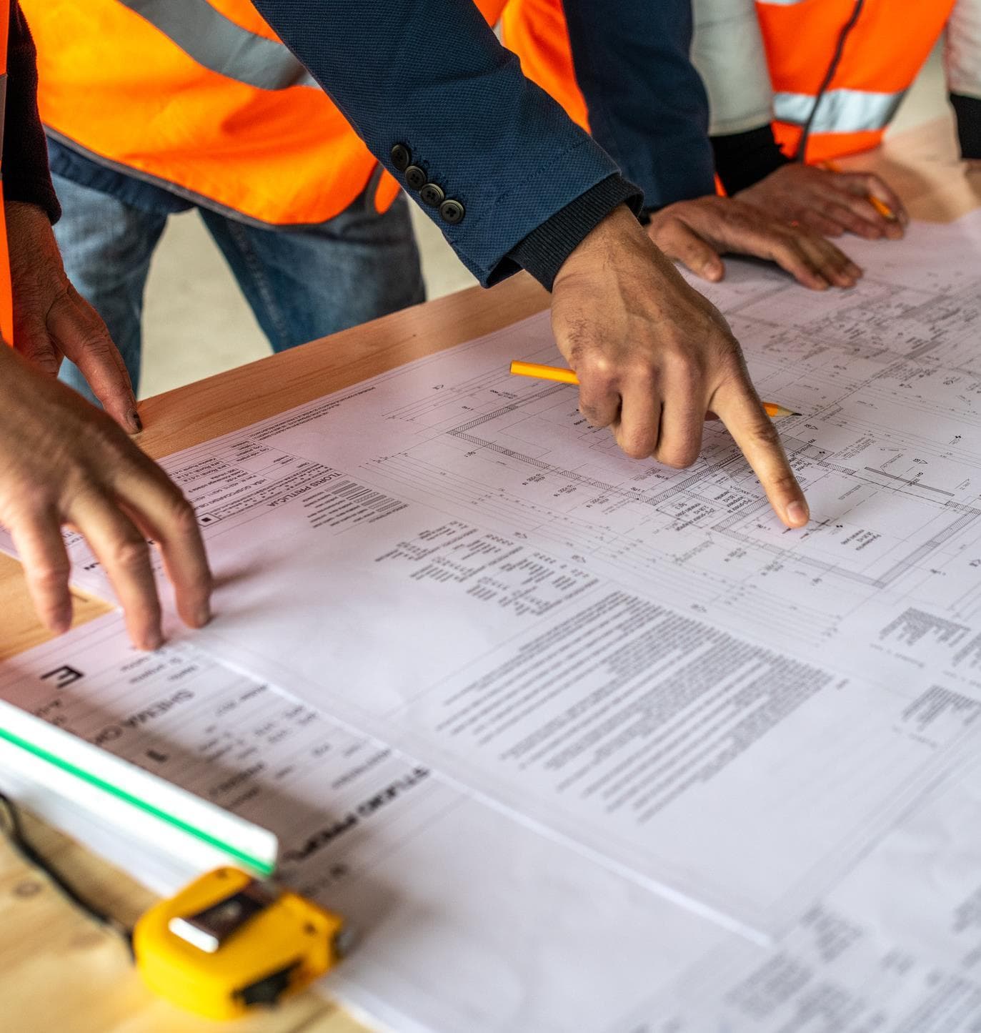 Construction professional reviewing project documents and plans